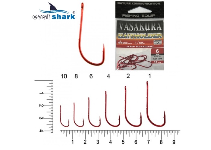 Крючки NEW EastShark Vasakura BAITHOLDER RED № 8 красный (уп/10 шт)